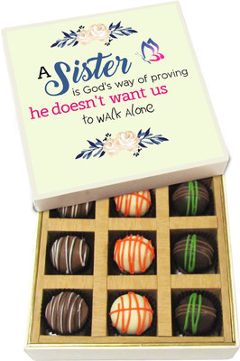 

Chocholik Rakhi Gift Box - Sister Is Gods Way of Proving - Dark, Milk, White Chocolate Truffles - 9pc Truffles(135 g)