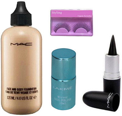 

Styling Eyelashes With Mac Face & body Foundation & stick kajal With mirror nail polish(Set of 4)