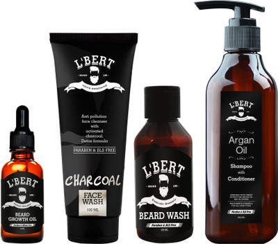 

LBERT Combo Pack of Activated Charcoal Face Wash For Men & Women - 100 ML , Moroccan Argan Oil Shampoo with Conditioner - 250 M , Forest Ranger Beard And Hair Growth Oil For Men - 30 ML & English Garden Beard Wash for Men & Best Beard Shampoo and conditio