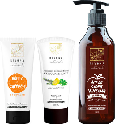 

RIVONA NATURALS Combo Pack of Apple Cider Vinegar Shampoo - 250 ML , Best Hair Conditioner With Argan Oil , Rosemary , Lemon & Neem - 200 ML & Honey & Saffron Face Wash for Men and Women - 55 ML(Set of 3)