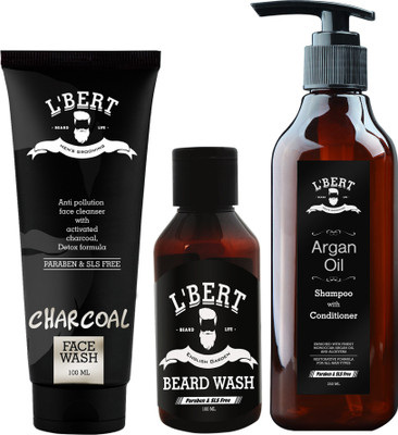 

LBERT Combo Pack of Activated Charcoal Face Wash For Men & Women - 100 ML , Moroccan Argan Oil Shampoo with Conditioner – 250 ML , English Garden Beard Wash for Men & Best Beard Shampoo and conditioner - 100 ML(Set of 03)