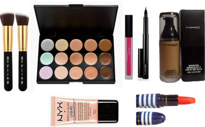 

Styling Makeup Brush & Concealer Palette With Matchmaster foundation With pen Eyeliner & matte finish long lasting lipstick,norn to glow illuminator & beauty lip gloss(Set of 8)