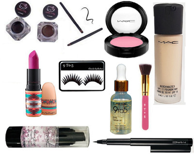 

9 to 5 eyelashes , mac matchmaster spf foundation, pink blusher, skin Caviar Face Primer Gel, pen eyeliner , vibe tribe longlasting pink lipstick with lakme gold radiance serum, hello kitty gel eyeliner & makeup brush(Set of 10)