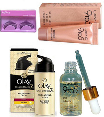 

Styling Eyelashes With 9to5 gold radiance youth infinity skin scilpting face serum With Weightless Mousse Foundation & olay Total Effect 7 in one anti-ageing Cream(Set of 4)