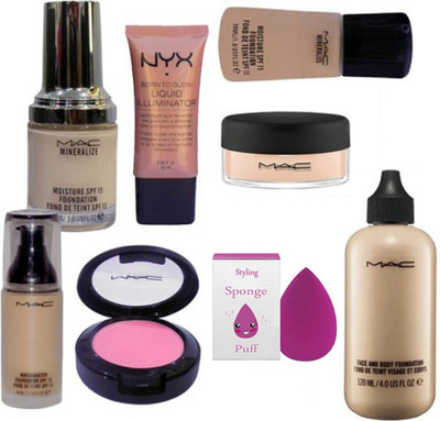 

Styling Sponge Puff With Mac face and body foundation With mineralize foundation 2 & matchmaster foundation With pink shade blusher With face loose powder WIth NYX born to glow illuminator(Set of 8)