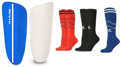 

Nivia Combo of two- one pair of 'Performance' Football Shin guard (Large) + 3 pair of football stockings (Color on availability)- Football Kit