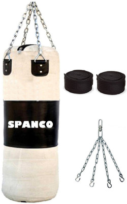 

SPANCO 3.0 Feet Long, CANVAS Material, White and Black Color, Unfilled with Hanging Straps and 9 Feet Long Black Color Hand Wraps Pair Boxing Kit