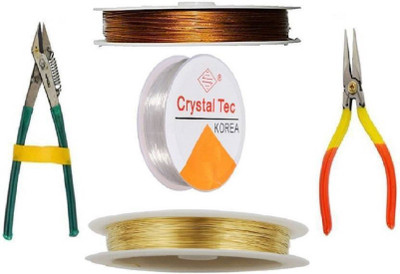 puffy Ear Wire/Tiger Tail, Copper Wire , Elastic Wire Clear & Tools(Cutting & Bending) Combo - Silver for jewellery making,beading & other craft projects