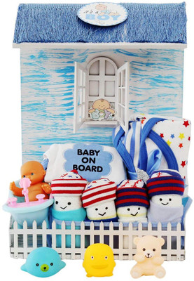 

Little Surprise Box New Born Baby Boy Wooden House Hamper(Blue)