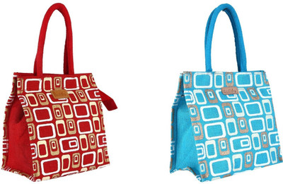 

Ecotara Golden Glaze Designer Jute Lunch Bag COMBO pack - Red & T.Blue Lunch Bag(Multicolor, 3 L)