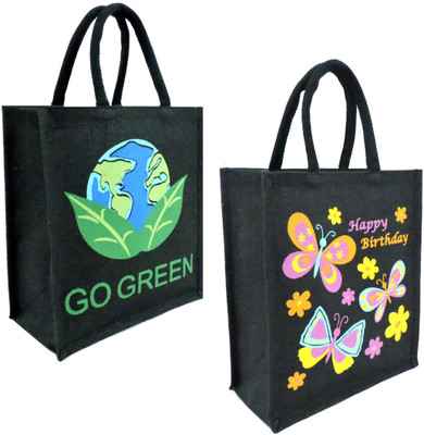 

EWB GO Green & Happy Birthday Printed jute Bag Lunch Bag(Black, 5 L)