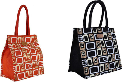

Ecotara Golden Glaze Designer Jute Lunch Bag COMBO pack - Orange & Black Lunch Bag(Multicolor, 3 L)