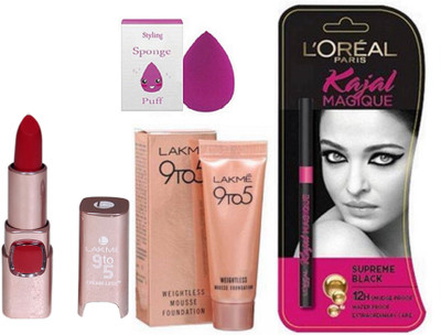 

styling Sponge Puff In Any Colour&Loreal Paris Magique Kajal Black&9to5 Lipstick Hot Red&Weightless Mousse 6 gm(Set of 4)