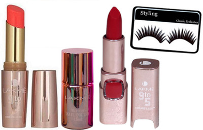 

styling Eyelashes&9to5 Orange Lipstick&Studd Kiss Red Lipstick&Nail Paint(Set of 4)