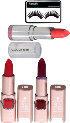 

fancify Eyelashes&ColorBar Lipstick&Lakme9To5 Lipstick Pack Of 2(Set of 4)