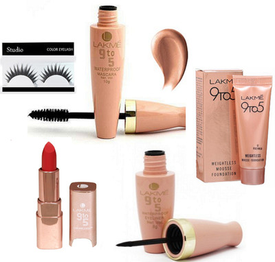 

studio Eyelashes, Lakme 9 to 5 Eyeliner & Mascara With Long Lasting Red Shade Lipstick & Lakme 9 To 5 Weightless Mousse Foundation(Set of 5)