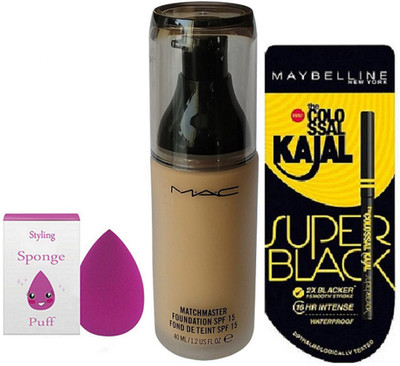 

Styling Sponge Puff WIth Mac Matchmaster Foundation & super black colossal kajal(Set of 3)
