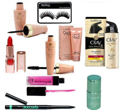 

Styling Eyelashes, lakme 9to5 weighless mousse foundation 6gm & liquid Eyeliner&Mascara With Matte finish long lasting lipstick With Eyeconic kajal & Olay cream & mirrr nail polish With pink lip gloss(Set of 9)