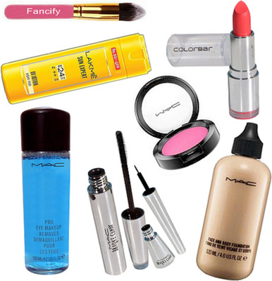 

fancify Brush& Pink Shade Blusher&Brooke Candy Eyeliner&Mascara&Pro Eye Makeup Remover&Face&Body Foundation&Colorbar Lipstick&Sun Expert Lotion(Set of 8)
