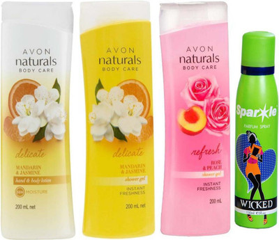 

Avon Anew Naturals mandarin & jasmine body lotion (200 ml) & one Naturals mandarin & jasmine shower gel (200 ml) & one Naturals Body care Rose & Peach Shower Gel (200 ml) With one sparkle perfume spray 150 ml(Set of 4)