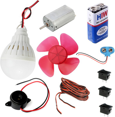 

Kit4Curious Big science kit – DC Bulb, Big motor, Propeller, Big buzzer, Wire, 9v bat, connector, switch with instruction manual Educational Electronic Hobby Kit