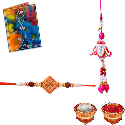 Dreamcart Religious Beautiful Rakhi Lumba Rakhi Set Of 1Rakhi 1Lumba For Brother With Greeting Card Roli Chawal Assorted Greeting Card  Set(1Rakhi 1LUmba 1 Greeting Card 1 Roli Chawal)