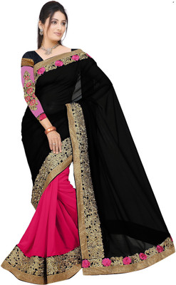 FabTag - Aashvi Creation Embroidered, Embellished Fashion Georgette Saree(Black, Pink) Flipkart