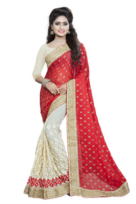 FabTag - Aashvi Creation Embroidered Fashion Georgette, Brasso Saree(Red, Cream) Flipkart