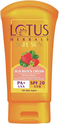 

Lotus Herbals Safe Sun Sun Block Cream Breezy Berry Sweat & Water Proof,Non Greasy - SPF 20 PA+(100 g)