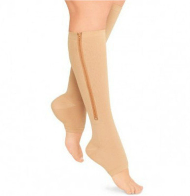 

CARECROFT zip compression socks support toe open sox leg protection zipper fitness knee ankle length pairs women sock pain relief (, Beige