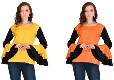 VAANYA Casual Bell Sleeve Solid Women Black, Orange, Yellow Top