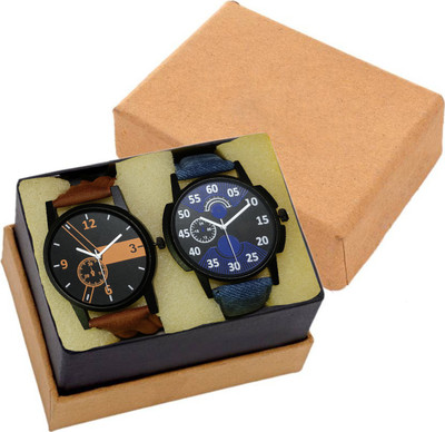 

Guoyu Stylish Blue And Brown Leather Strap Combo For Couple Watch - For Men & Women