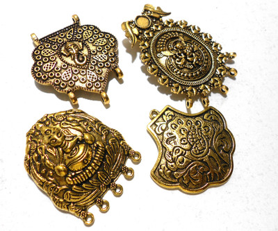 GOELX Antique Golden Designer Moon, Leaf, Peacock & Rectangular Pendants for Necklace Making - Combo of 4 - Style 3