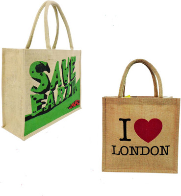 

EWB Save Earth & I Love London Jute Shopping Bag Multipurpose Bag(Green, Brown, 5 L)