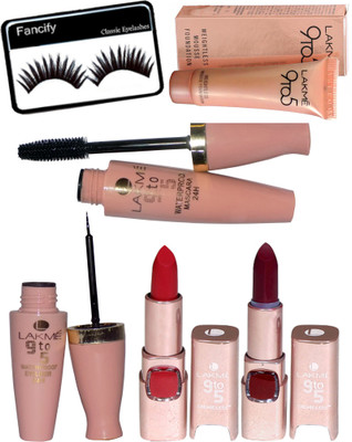 

fancify Eyelashes&Lakme 9TO5 Russian Red Lipstick&Cvber Lipstick&Waterproof Eyeliner&Mascara&Weightless Mousse(Set of 6)