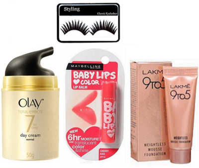 

Styling Eyelashes, Olay Total Effect 7 in one day Cream 50 gm With Cherry Kiss Lip Balm & Lakme 9to5 mousse foundation(Set of 4)