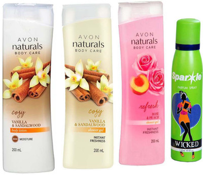

Avon Anew vanilla and sandalwood shower gel 200 ml & one vanilla and sandalwood hand and body lotion 200 ml & one Naturals Body care Rose & Peach Shower Gel (200 ml) With one sparkle perfume spray 150 ml(Set of 4)