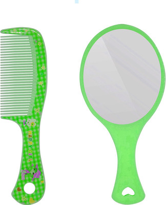 

Fully Plastic Handheld Comb And With Mirror For Travel Use, Green(Set of 2)