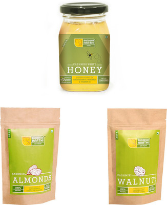 Bhookha Haathi Premium Bronze Kashmiri Dry Fruit Mix Combo 1 (100gms Snow White Walnuts, 100gms Almonds, 250gms White Honey) - 100% Natural/Organic - 450gms ARYA Grade Combo