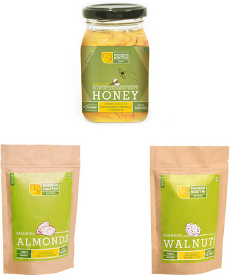 

Bhookha Haathi Premium Silver Kashmiri Dry Fruit Mix Combo 1 (100gms Snow White Walnuts, 100gms Almonds, 250gms Saffron Blended White Honey) - 100% Natural/Organic - 450gms ARYA Grade Combo