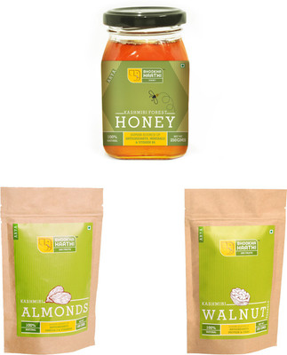 

Bhookha Haathi Premium Bronze Kashmiri Dry Fruit Mix Combo 2 (100gms Snow White Walnuts, 100gms Almonds, 250gms Forest Honey) - 100% Natural/Organic - 450gms ARYA Grade Combo