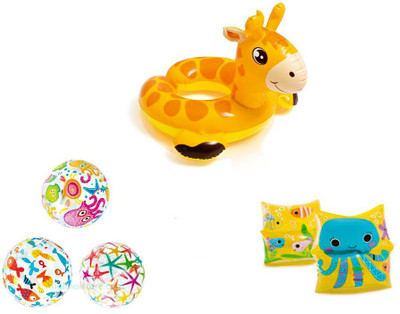 

SWASH 1 Swim Ring (GIRAFFE Design)+1 Beach Ball (20")+1 Pair of Arm Band - Intex Brand Inflatable Pool Accessory(Multicolor)