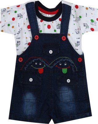 ZADMUS Dungaree For Boys & Girls Party Printed, Embroidered Cotton Blend(White, Pack of 1)