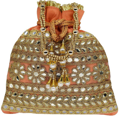 

Bagaholics Ethnic Clutch Silk Potli Batwa Pouch Bag with Metal Bead and Mirror work Gift For Women Potli(Orange)