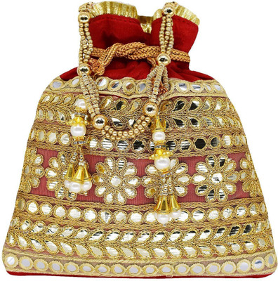 Bagaholics Ethnic Clutch Silk Potli Batwa Pouch Bag with Metal Bead and Mirror work Gift For Women Potli(Red)