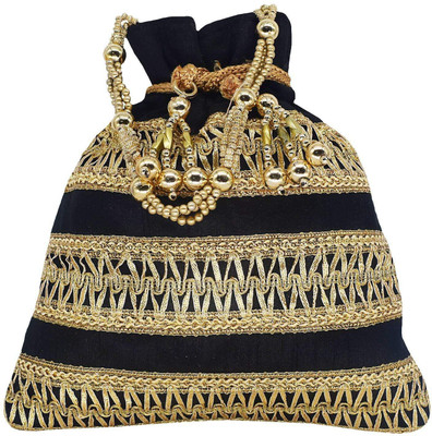 Bagaholics Ethnic Clutch Silk Potli Batwa Pouch Bag with Metal Bead work Wedding Gift For Women Potli(Black)
