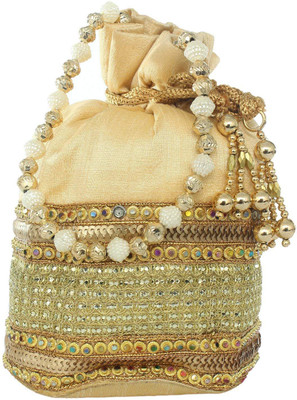 

Bagaholics Ethnic Silk Potli Clutch Batwa Pouch Bag with Metal Beadwork Potli(Gold)