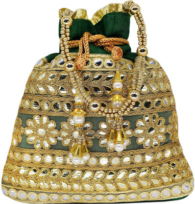 

Bagaholics Ethnic Clutch Silk Potli Batwa Pouch Bag with Metal Bead and Mirror work Gift For Women Potli(Green)
