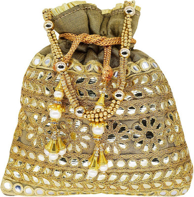 

Bagaholics Ethnic Clutch Silk Potli Batwa Pouch Bag with Metal Bead and Mirror work Gift For Women Potli(Khaki)