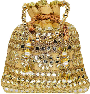 

Bagaholics Ethnic Clutch Silk Potli Batwa Pouch Bag with Metal Bead and Mirror work Gift For Women Potli(Gold)